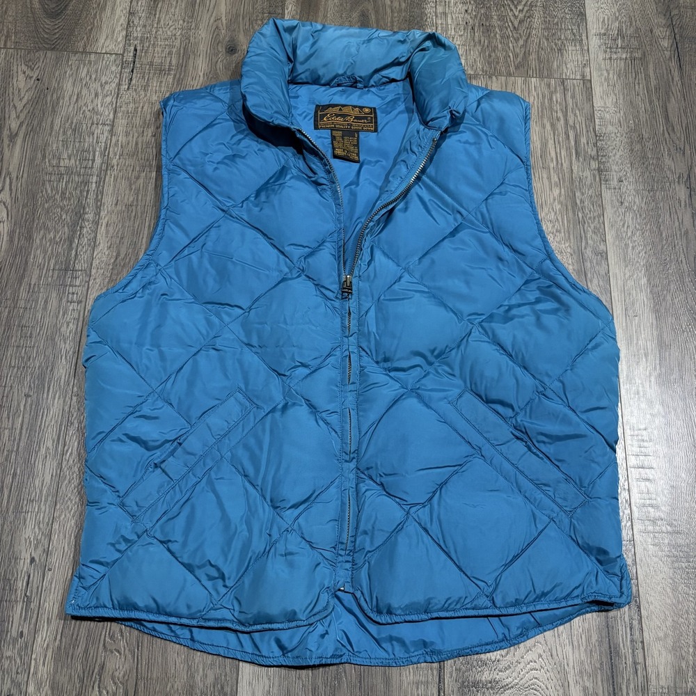 Eddie Bauer Vest Womens Large Blue Quilted Goose Down Full Zip Pockets Nylon